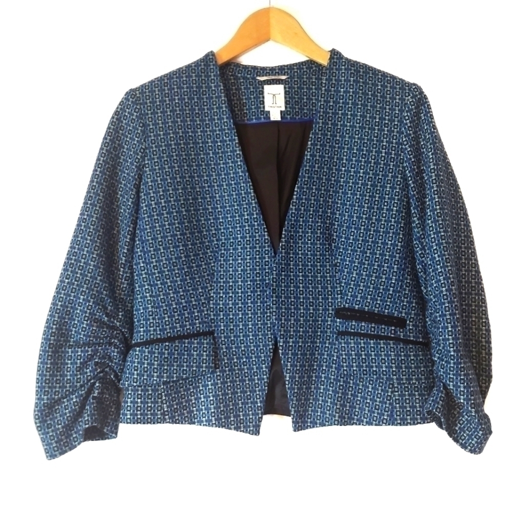 tristan Gathered Sleeve Tweed Padded Shoulder Collarless Blazer Jacket